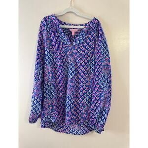 Lilly Pulitzer Elsa 100% Silk Long Sleeve Preppy Resort Blouse Women Sz XS